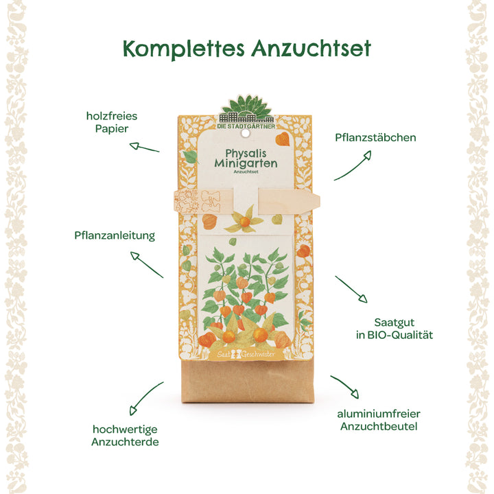 Kit de culture complet pour Physalis avec papier sans bois, tuteurs de plantation, instructions de plantation, graines biologiques, terreau de haute qualité et sac de culture sans aluminium.