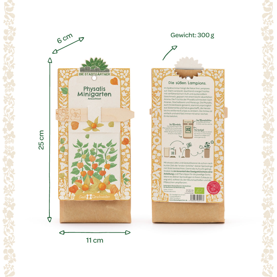 Deux vues d'un mini kit de culture de jardin Physalis dans un emballage avec des plantes présentées, des informations sur les dimensions et le poids.