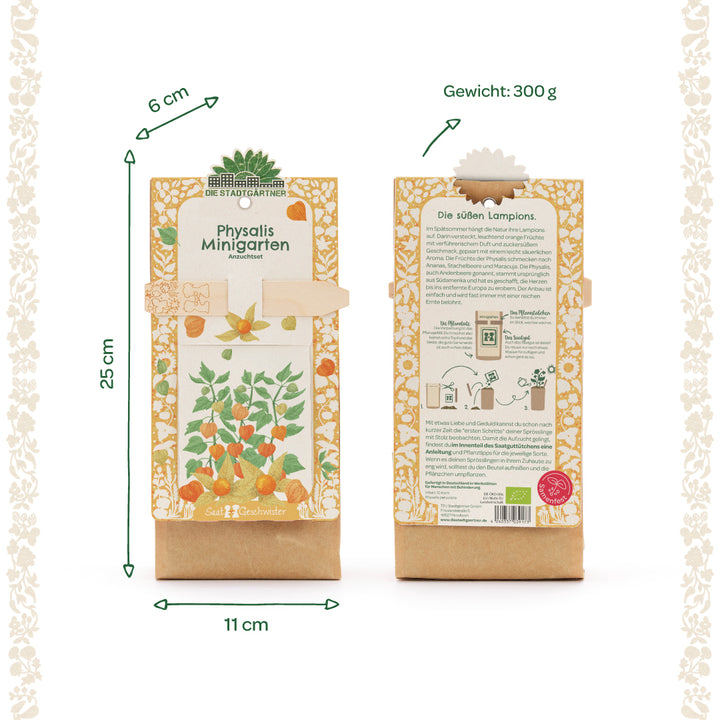 Deux vues d'un mini kit de culture de jardin Physalis dans un emballage avec des plantes présentées, des informations sur les dimensions et le poids.