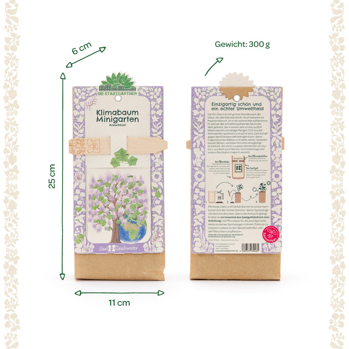 Deux packs d'un mini kit de culture de jardin d'arbre climatique avec un motif violet, des informations sur les dimensions (25 cm x 11 cm x 6 cm) et un poids de 300 g, recto et verso visibles.