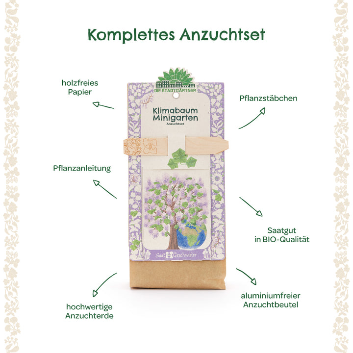 Kit de culture complet pour un mini jardin d'arbres climatiques avec des bâtons de plantation, des instructions de plantation, du papier sans bois, des graines biologiques, du terreau de haute qualité et un sac de culture sans aluminium.
