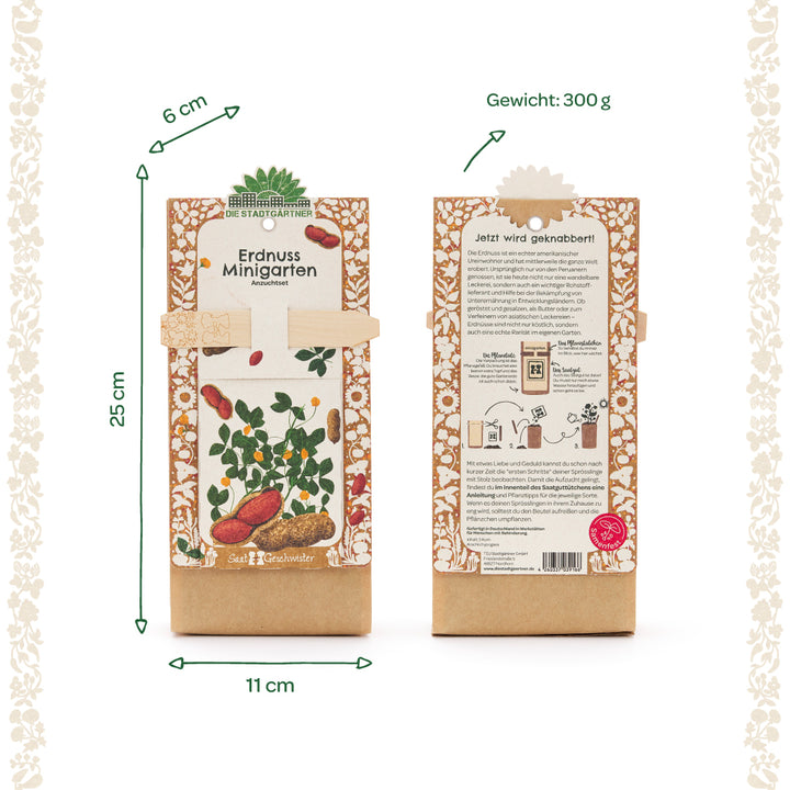 Avant et arrière d'un mini kit de culture de jardin d'arachides avec des dimensions détaillées et un poids de 300 g, conçu de manière décorative et avec des illustrations de plants d'arachides.
