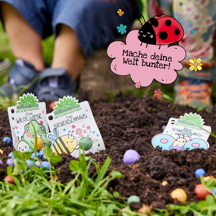 Deux enfants sont assis dans le jardin ; au premier plan, des bombes à graines colorées et des étiquettes de plantes avec des illustrations sont visibles ; au-dessus d'eux, un dessin d'une coccinelle et le texte « Rendez votre monde plus coloré ! »