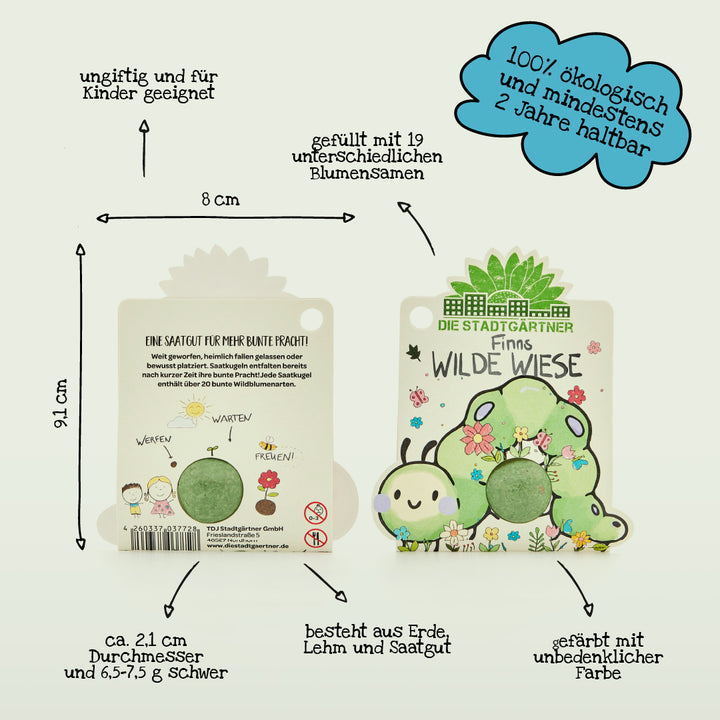 Recto et verso d'un sachet de graines écologique pour enfants avec un design coloré et des étiquettes sur la taille, les matériaux durables, l'encre non toxique et les détails d'utilisation.