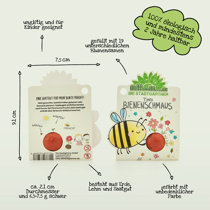 Deux paquets colorés de graines respectueuses des abeilles, illustrés d'une abeille et de fleurs, ainsi que diverses étiquettes en allemand sur la taille, le contenu, les avantages et la durabilité.