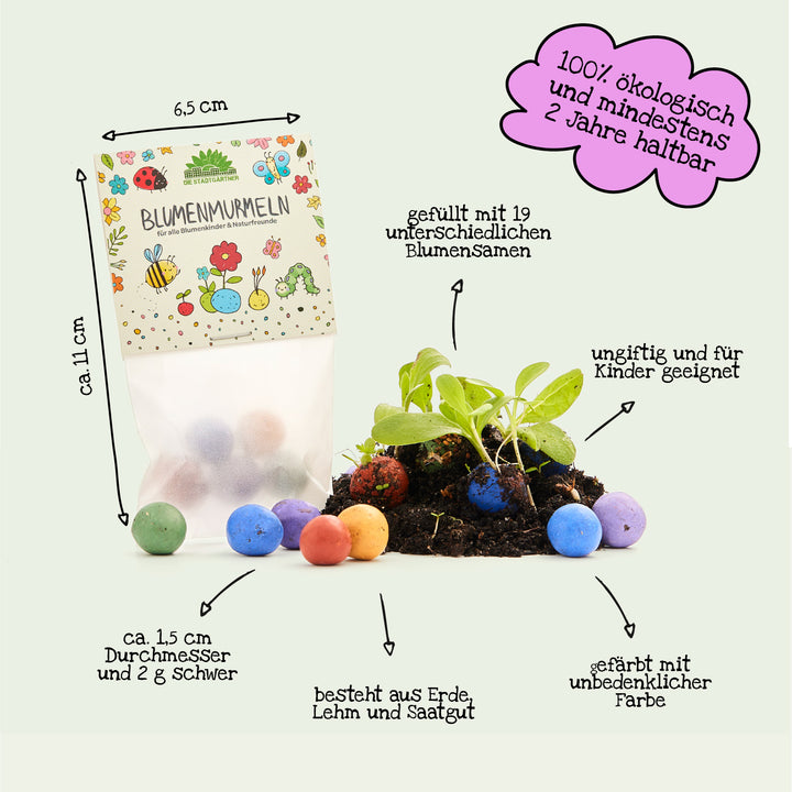 Sac de billes de fleurs colorées faites de terre, d'argile et de graines, avec des plantes et un texte descriptif sur la taille, le poids et les caractéristiques ; 100% écologique, non toxique et adapté aux enfants.