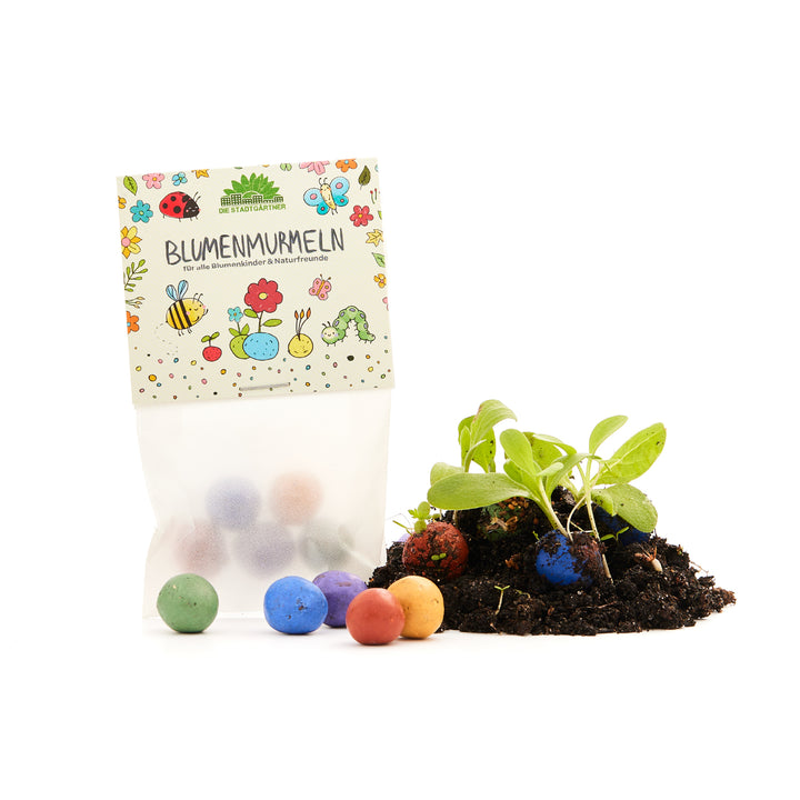 Sac de billes de fleurs colorées à côté de la terre d'où poussent de petites plantes.