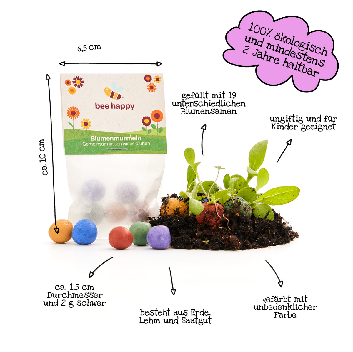 Un sac de billes de graines de fleurs de différentes couleurs, à côté de terre avec des plantes en germination ; étiqueté avec des informations sur la taille, la composition et le respect de l'environnement.