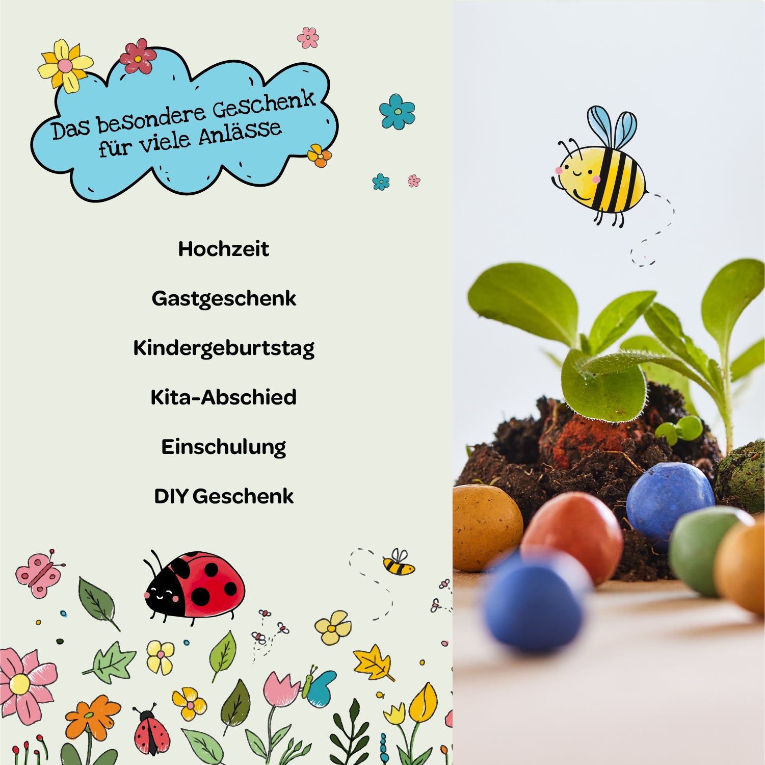 Graphique créatif avec des suggestions de cadeaux spéciaux pour diverses occasions, entouré de fleurs dessinées, d'une coccinelle et d'une abeille, ainsi que d'une photo de semis et d'œufs colorés dans le sol.