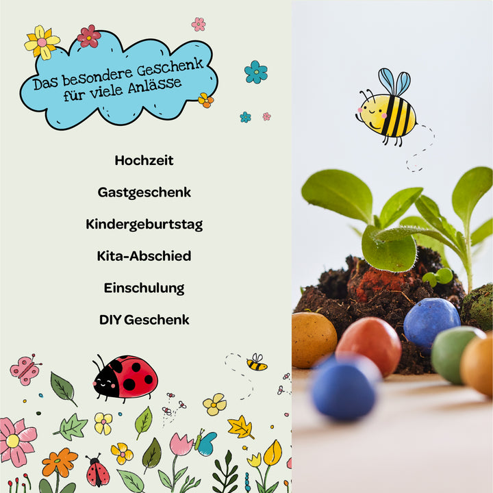 Graphique créatif avec des suggestions de cadeaux spéciaux pour diverses occasions, entouré de fleurs dessinées, d'une coccinelle et d'une abeille, ainsi que d'une photo de semis et d'œufs colorés dans le sol.