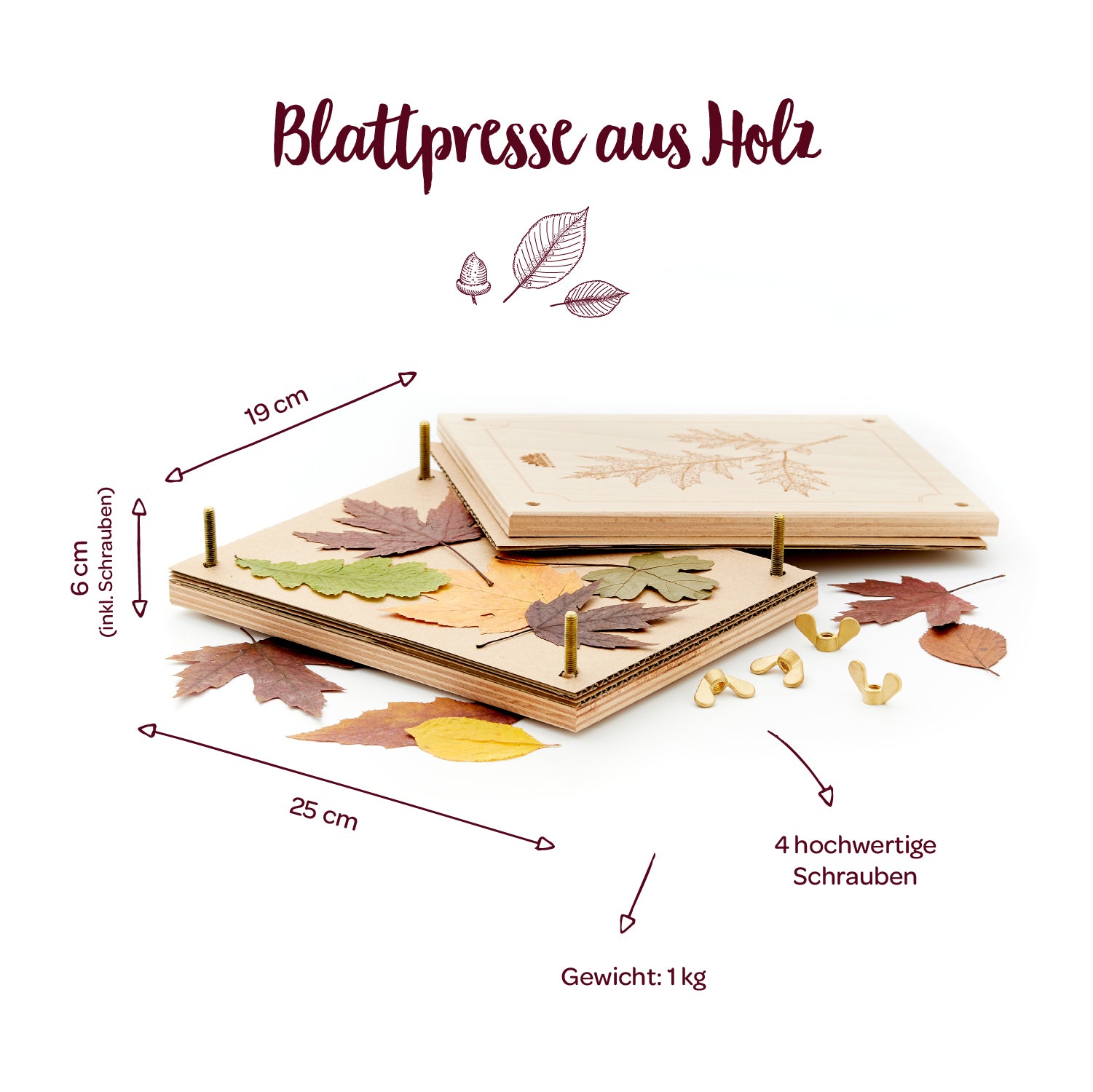 Presse à feuilles en bois avec feuilles colorées, quatre vis et dimensions 25 x 19 x 6 cm, poids 1 kg.