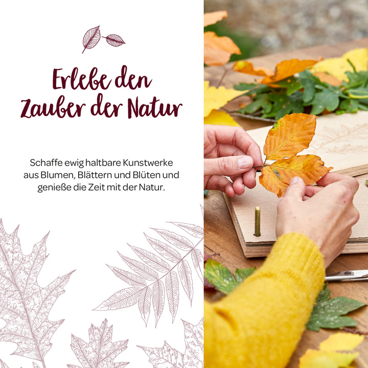 Une personne fabrique des objets artisanaux avec des feuilles d'automne colorées sur une table en bois, à côté du texte « Découvrez la magie de la nature » et d'une description en allemand.
