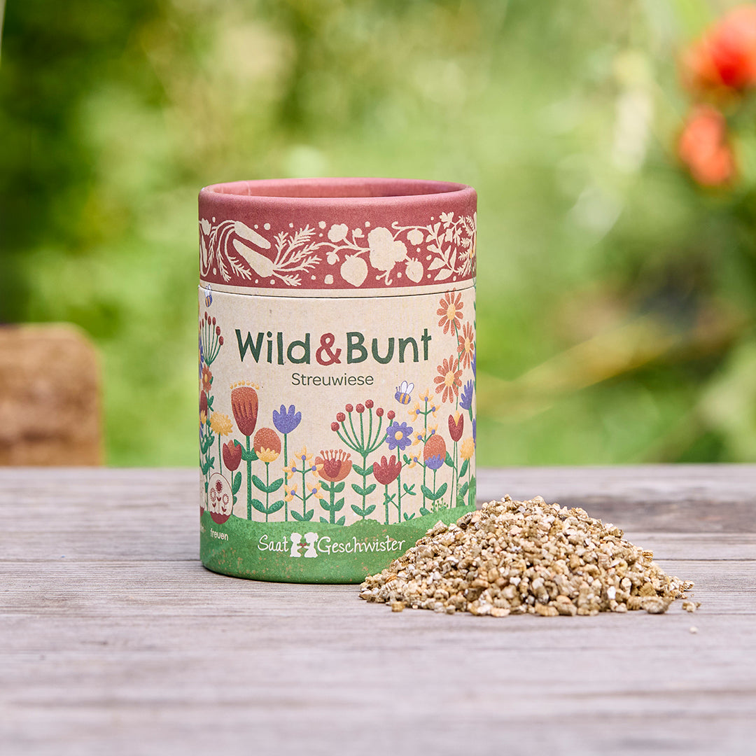 Une boîte avec l'inscription « Wild & Bunt Streuwiese » et des motifs floraux illustratifs, à côté d'un petit tas de graines, sur une table en bois à l'extérieur.