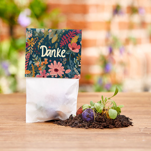 Ensemble de plantes avec une carte colorée « Merci », de la terre et de petits semis sur une table en bois.
