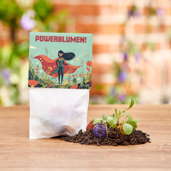 Un sac étiqueté « Power Flowers ! », à côté des bombes de graines colorées et des petites plantes sur terre, avec des fleurs floues et un mur en arrière-plan.