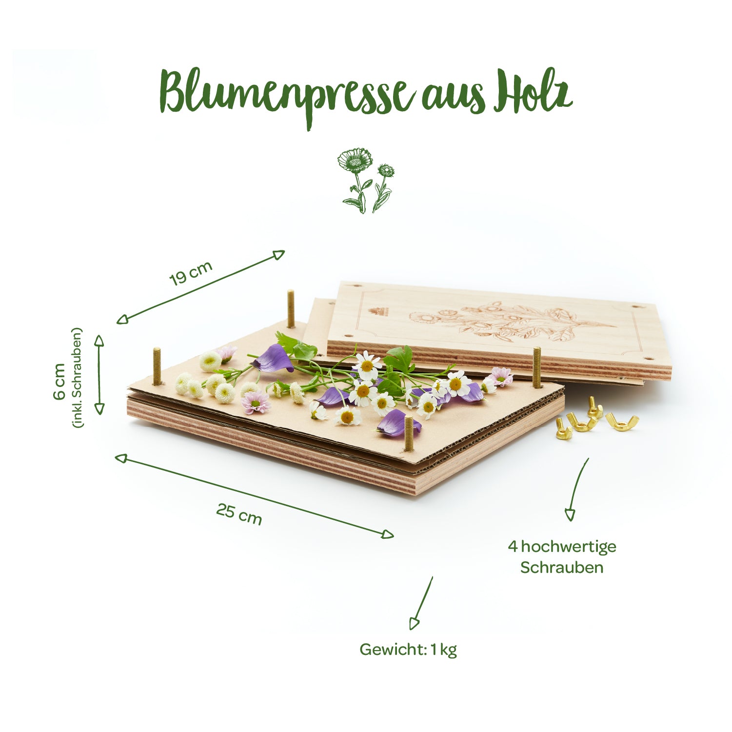 Presse à fleurs en bois avec fleurs sur le dessus et dimensions (25 cm x 19 cm x 6 cm), quatre vis et un poids de 1 kg.