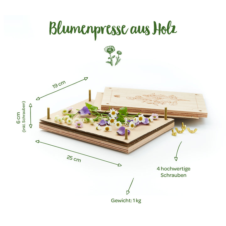 Presse à fleurs en bois avec fleurs sur le dessus et dimensions (25 cm x 19 cm x 6 cm), quatre vis et un poids de 1 kg.