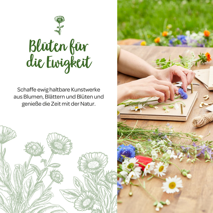 Une personne place des fleurs et des feuilles colorées sur une planche pour créer une image de presse à fleurs, à côté du texte : « Des fleurs pour l'éternité ».