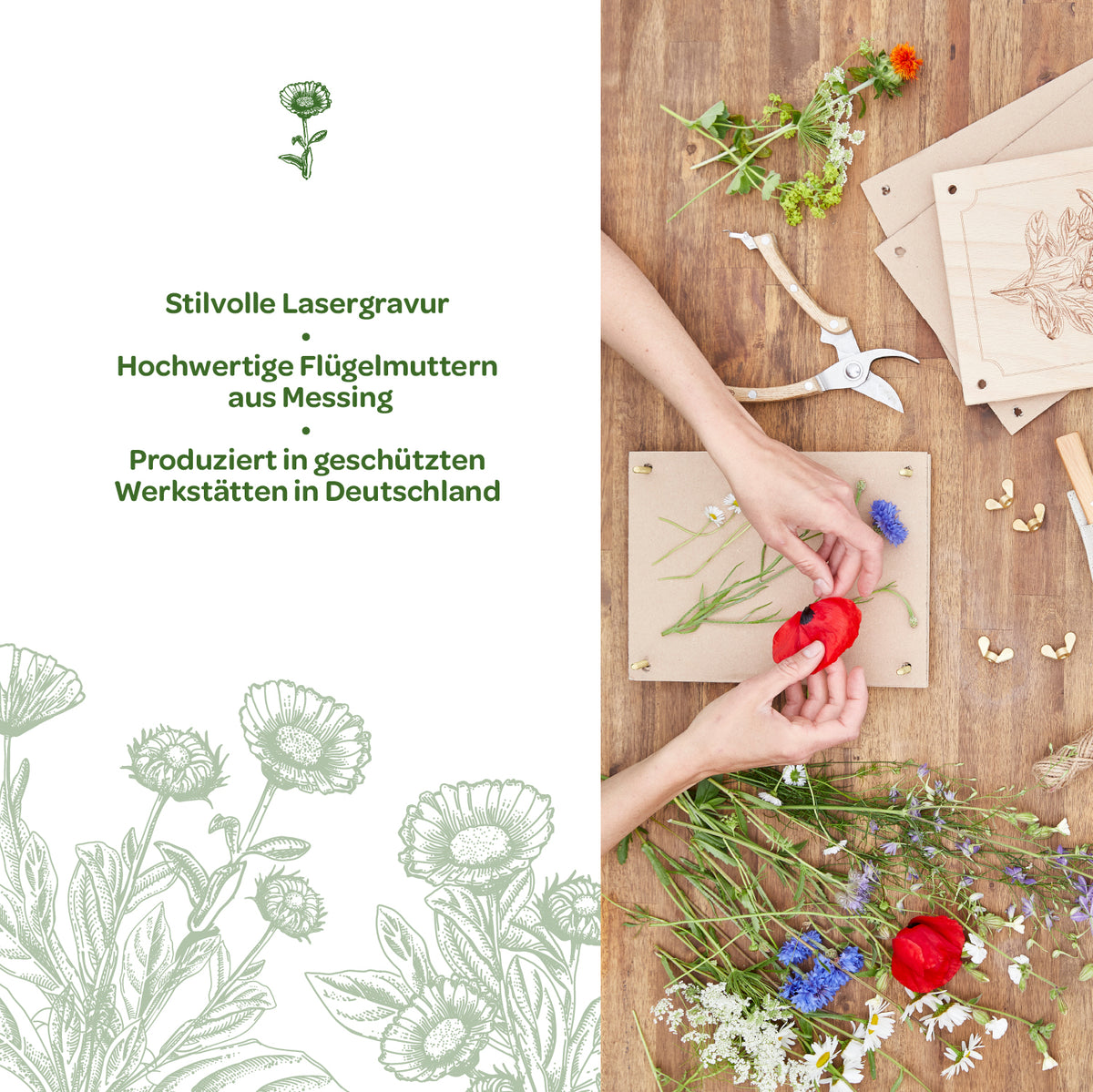 Deux mains disposent des fleurs colorées sur un cadre en bois ; des outils, des écrous papillon en laiton et des plaques de bois gravées sont posés à côté, sur une table en bois. À gauche, un texte présentant des informations sur la gravure laser élégante et la production en Allemagne.
