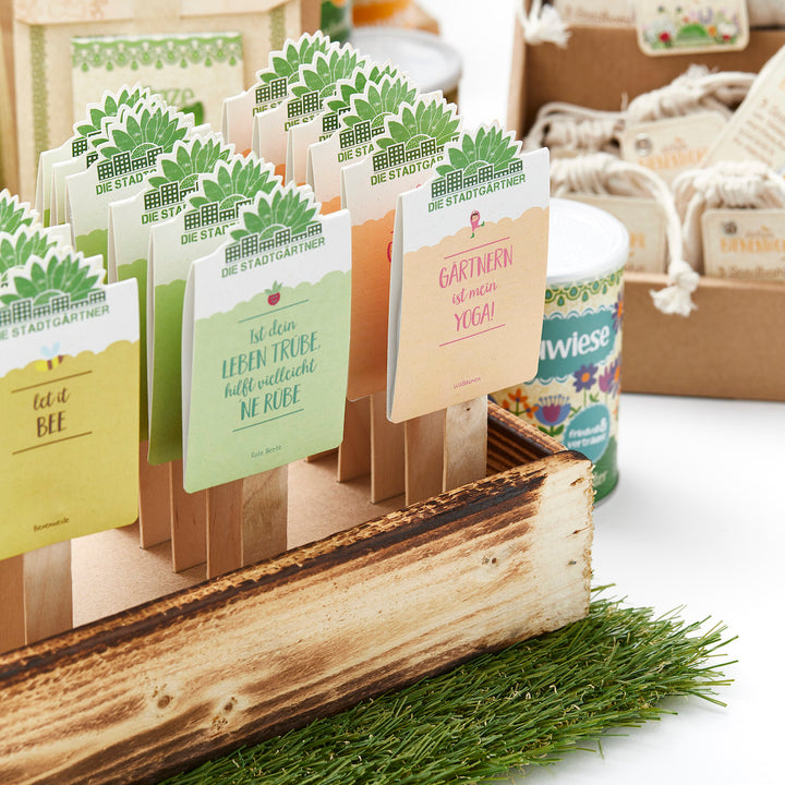 Différents sachets de graines colorées avec des dictons, placés dans une boîte en bois, avec du gazon artificiel au premier plan.