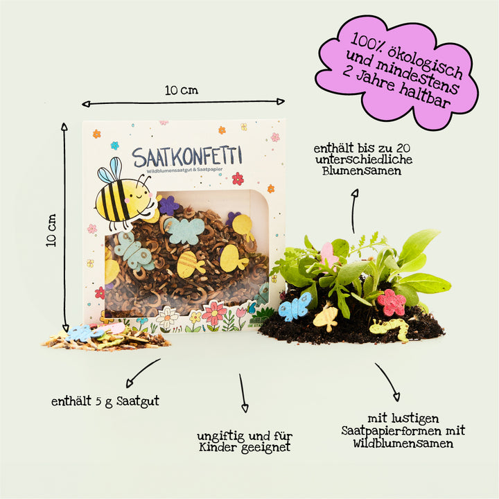 Boîte contenant des confettis de graines fabriqués à partir de graines de fleurs sauvages, de formes de papier de graines colorées, de terre et de plantes, avec des informations textuelles sur l'origine biologique, la convivialité pour les enfants, la quantité de graines et la variété de graines.