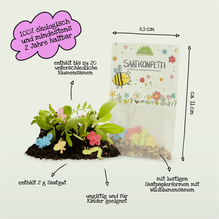 Un petit sac de « confettis de graines » contenant des formes colorées en papier ensemencé et des graines de fleurs sauvages, avec des plantes et des figurines en papier ensemencé poussant dans le sol à côté ; le texte met en évidence les qualités écologiques, adaptées aux enfants et durables.