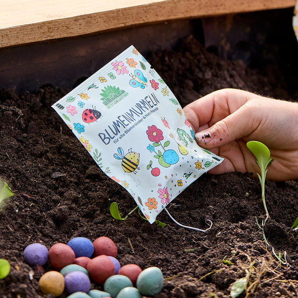 Une main tient un sac coloré de graines de fleurs au-dessus d'un lit, avec diverses bombes de graines colorées posées sur le sol à côté.