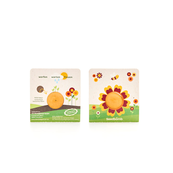 Deux paquets colorés de bombes à graines, illustrés de fleurs et d'une abeille, font la promotion de graines respectueuses des abeilles.