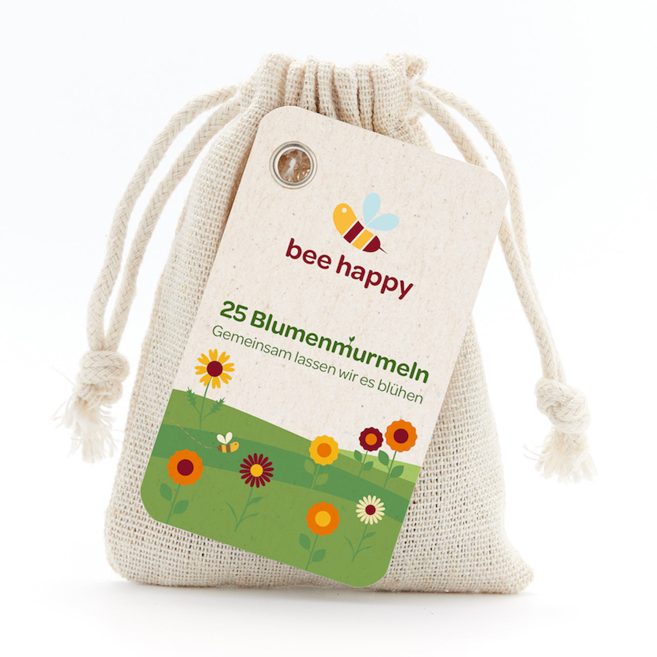 Sac en lin avec étiquette "bee happy", 25 billes fleurs, illustration de fleurs et d'une abeille.