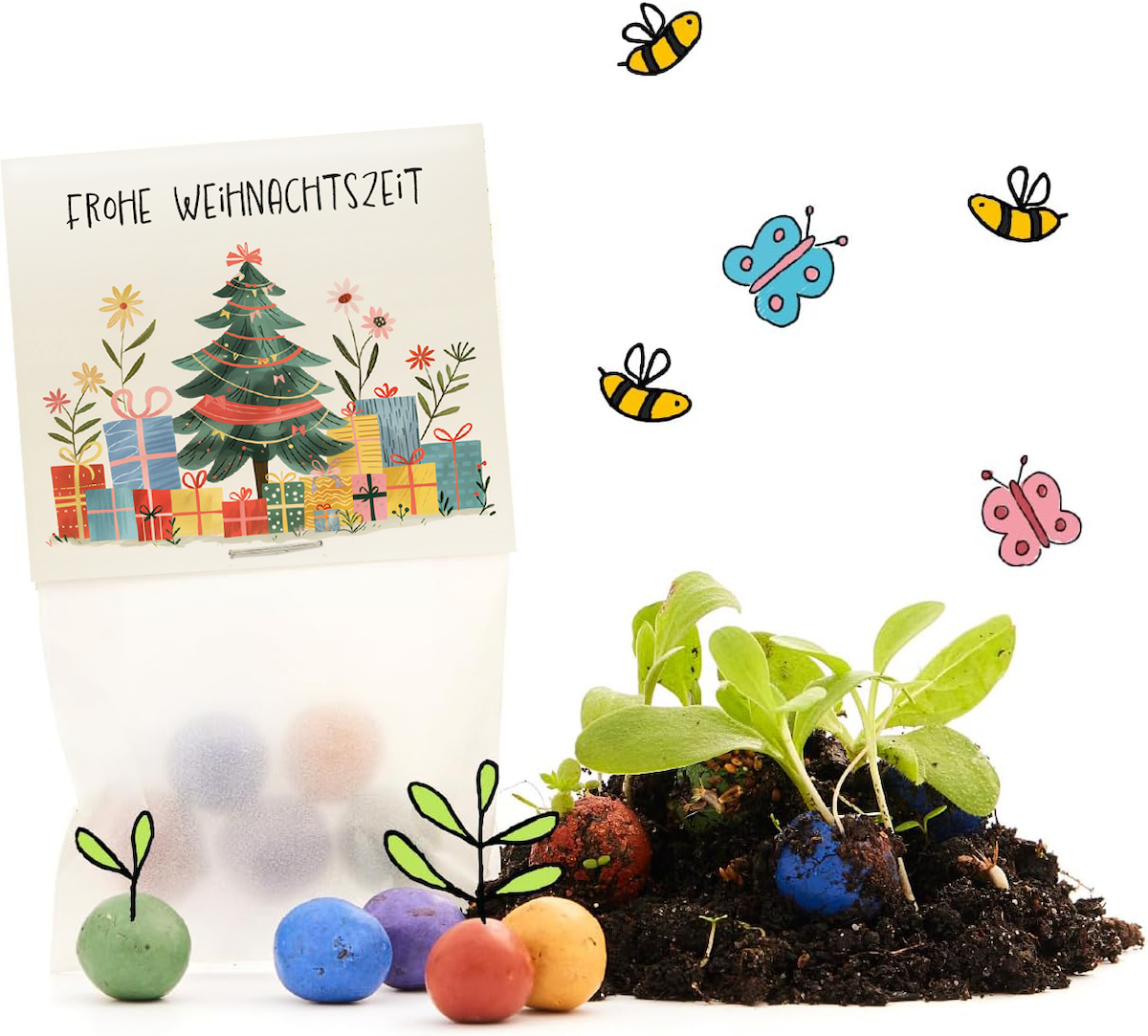 Emballage cadeau de Noël avec un sapin de Noël et des cadeaux, à côté de boules de graines colorées, de terre, de jeunes plantes et d'abeilles et de papillons dessinés.