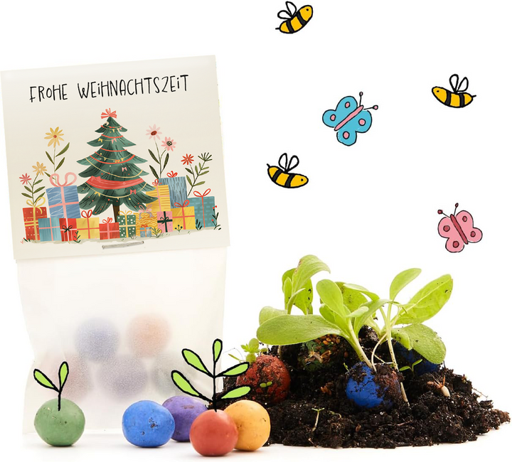 Emballage cadeau de Noël avec un sapin de Noël et des cadeaux, à côté de boules de graines colorées, de terre, de jeunes plantes et d'abeilles et de papillons dessinés.