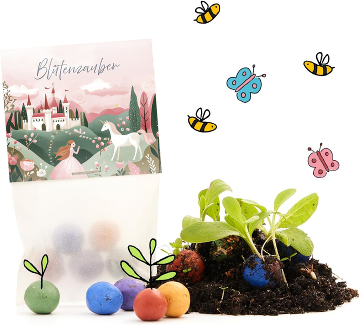 Un sac de graines de fleurs avec un motif de conte de fées, des boules de graines colorées et de jeunes plantes à côté de décorations d'abeilles et de papillons dessinées.