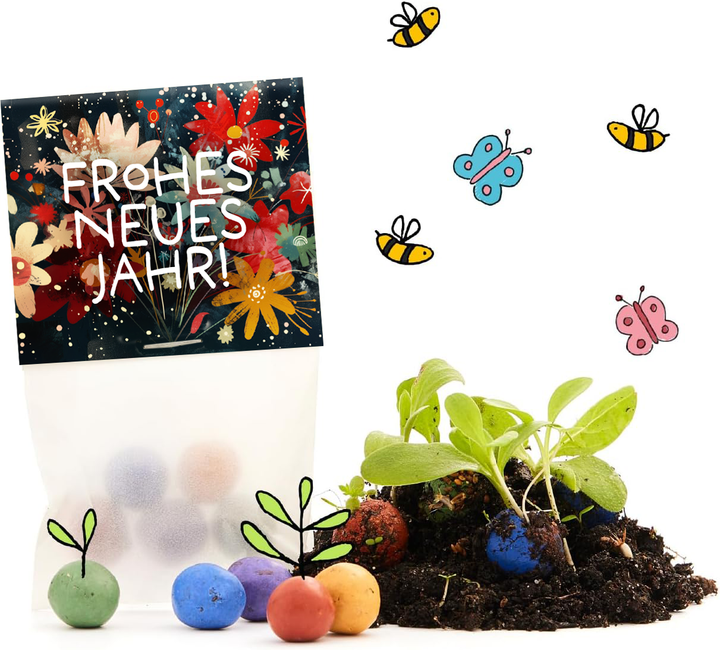 Sacs avec l'inscription "Bonne année !", boules de graines colorées, terreau avec jeunes plants, illustrations d'abeilles et de papillons.