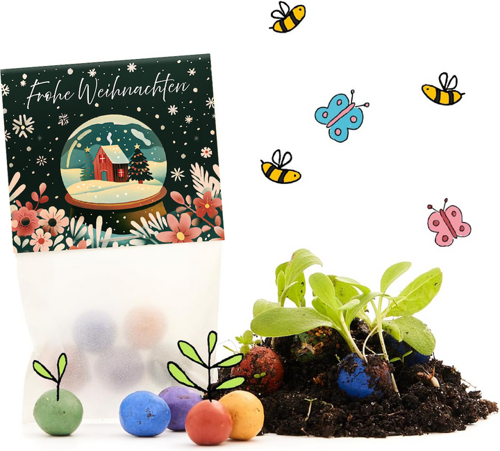 Sac avec l'inscription « Joyeux Noël », des bombes de graines colorées, de la terre, des plantes qui poussent et des abeilles et des papillons dessinés.