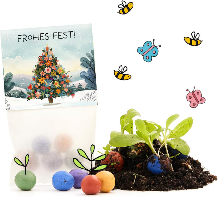 Sac contenant des bombes de graines colorées, des plantes, de la terre, des abeilles et des papillons dessinés, et une carte avec un arbre à fleurs et un message « Joyeuses fêtes ! ».