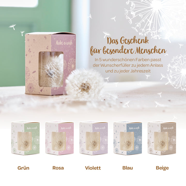 Cinq coffrets cadeaux avec des pissenlits de différentes couleurs (vert, rose, violet, bleu, beige) comme objets décoratifs exauçant les vœux, présentés sur une table, à côté du texte « Le cadeau pour les personnes spéciales ».