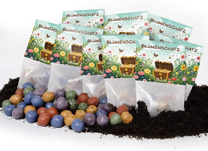 Plusieurs bombes de graines colorées se trouvent devant des sachets verticaux étiquetés « Trésor de fleurs » et comportant une illustration de fleurs, de papillons et d'un coffre au trésor sur le sol.