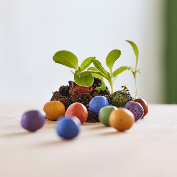 Différentes bombes de graines colorées faites de terre et de graines avec de jeunes plantes vertes sur un fond clair.