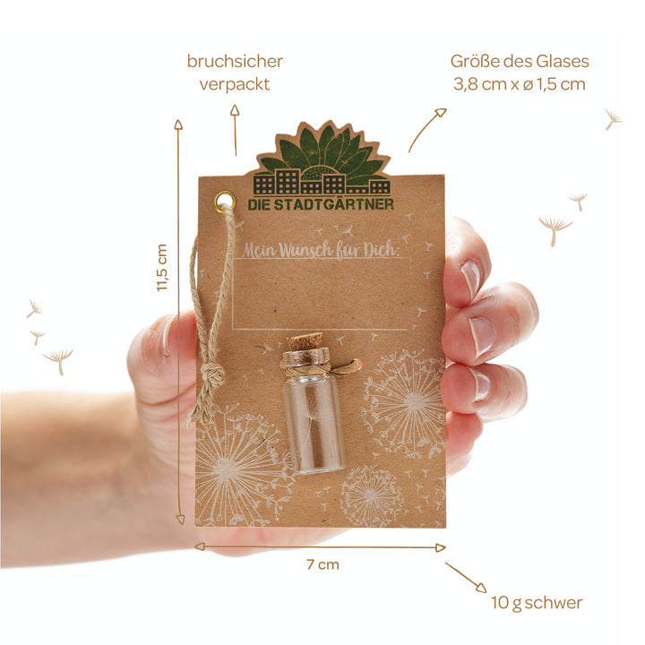 Une main tient une carte marron avec le logo « Die Stadtgärtner », une petite bouteille en verre avec un bouchon et différentes tailles en centimètres.