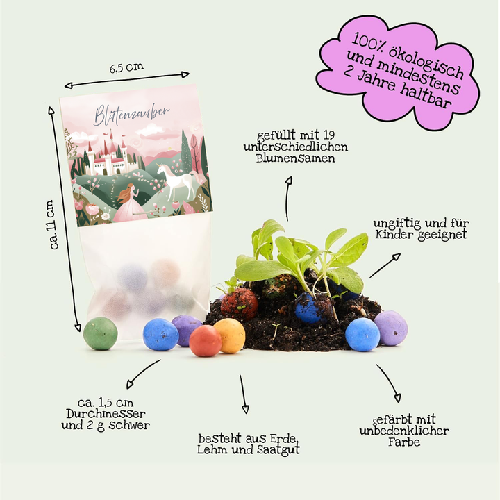 Un sac au design de conte de fées, rempli de boules de graines colorées, de plantes, de terre et d'étiquettes détaillant les propriétés et les ingrédients écologiques et sans danger pour les enfants.