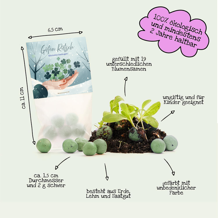Sachet contenant des boules de graines vertes, des plants de plantes et des étiquettes explicatives en allemand, par exemple sur la taille, la composition et les propriétés écologiques.