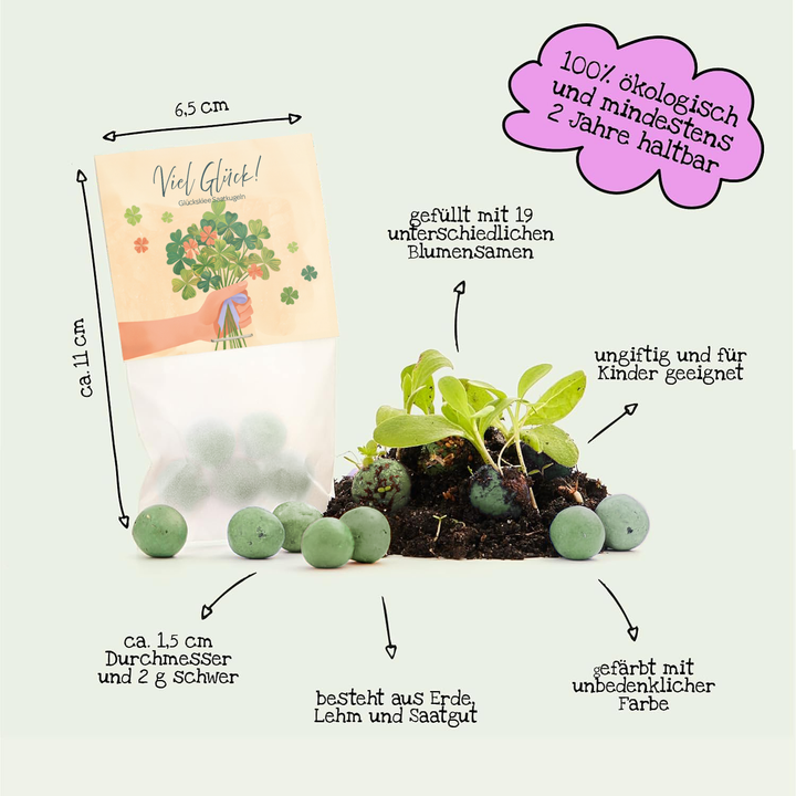 Un sac de boules de graines vertes, à côté de petites plantes et de boules de terre, avec des étiquettes indiquant la taille, le poids, la composition et les propriétés telles qu'écologique, non toxique et adapté aux enfants.