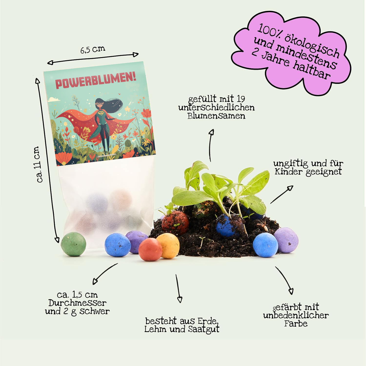 Un sac étiqueté « Power Flowers ! » entouré de boules de graines colorées et de plantes à fleurs, avec des descriptions de la taille, du contenu en graines, de la compatibilité écologique, de la sécurité des enfants et des ingrédients.