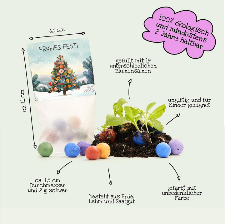 Sachet contenant des bombes à graines colorées, un motif de Noël illustré et des textes explicatifs en allemand sur la taille, le contenu et la sécurité écologique.