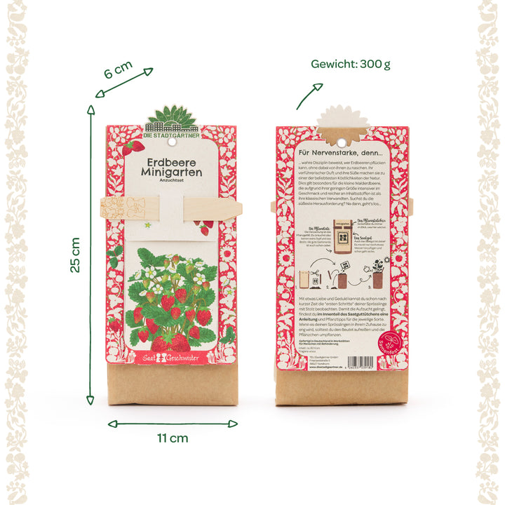 Deux paquets d'un ensemble de mini-râpes à fraises, avec un motif floral rouge et une illustration d'un fraisier, les dimensions et le poids sont indiqués.