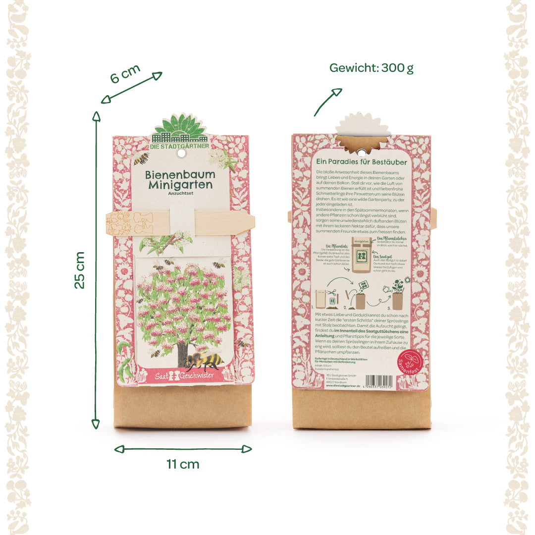 Deux paquets du kit de culture Bee Tree Mini Garden, avec des étiquettes de dimensions et de poids en allemand et un motif illustré d'arbre et d'abeille sur le devant.