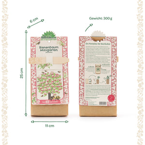 Deux paquets du kit de culture Bee Tree Mini Garden, avec des étiquettes de dimensions et de poids en allemand et un motif illustré d'arbre et d'abeille sur le devant.