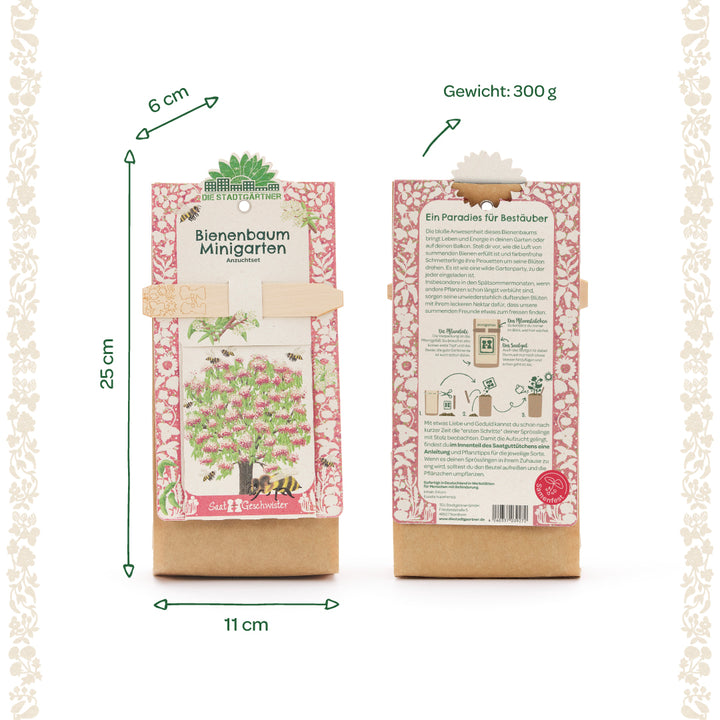 Deux paquets du kit de culture Bee Tree Mini Garden, avec des étiquettes de dimensions et de poids en allemand et un motif illustré d'arbre et d'abeille sur le devant.