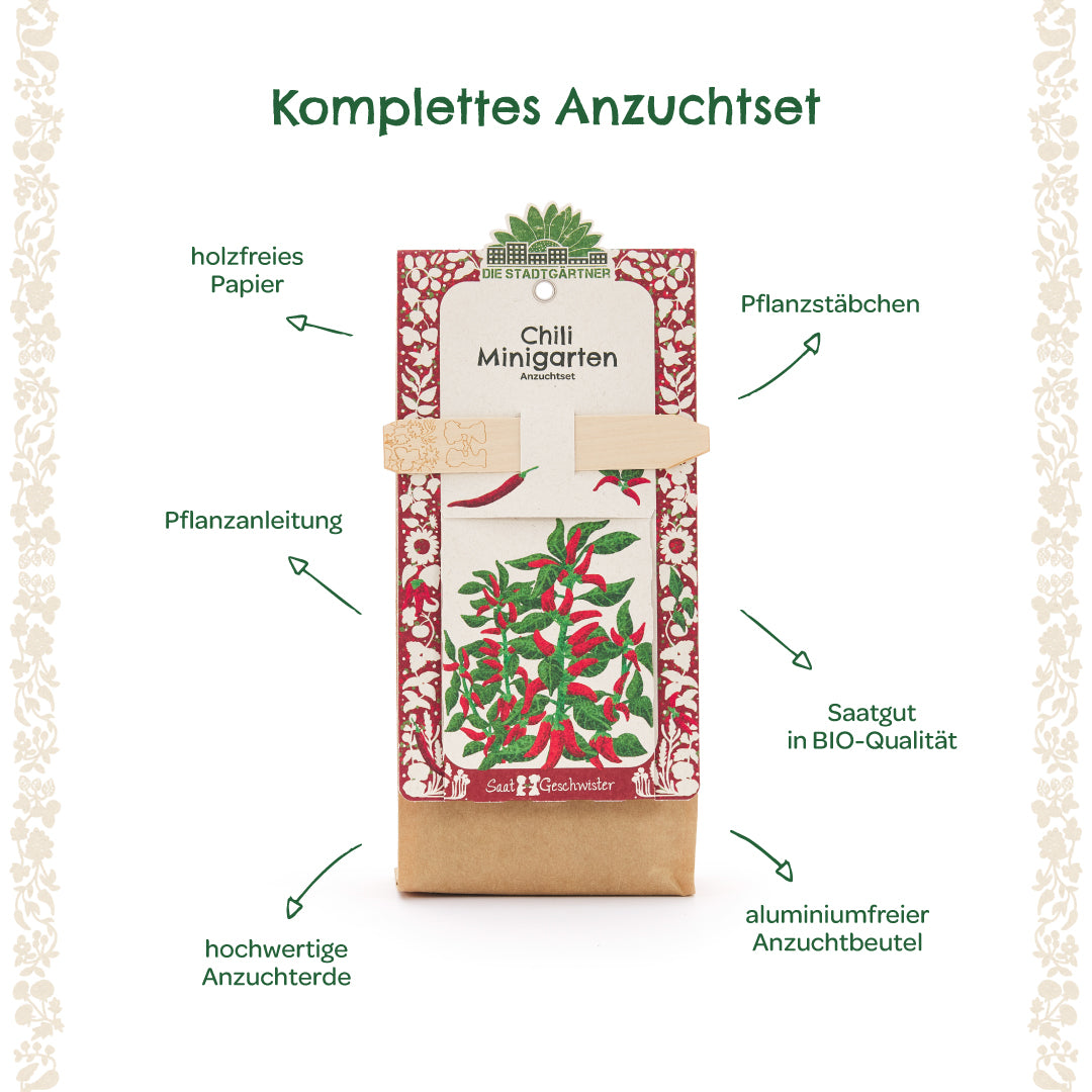 Kit de culture complet pour mini jardins de piments avec tuteur de plantation, instructions de plantation, graines biologiques, papier sans bois, terreau de haute qualité et sac de culture sans aluminium.