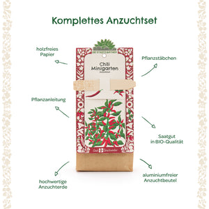 Kit de culture complet pour mini jardins de piments avec tuteur de plantation, instructions de plantation, graines biologiques, papier sans bois, terreau de haute qualité et sac de culture sans aluminium.